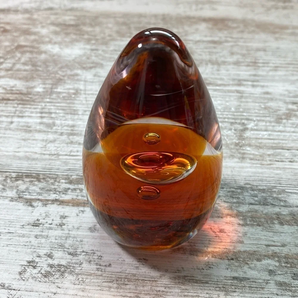 Vintage Amber Art Glass Teardrop Paperweight Murano Style Controlled Bubble